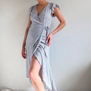 white asymmetric midi wrap dress